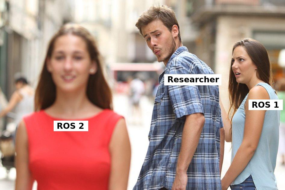Distracted boyfriend meme showing a researcher choosing ROS 2 over ROS 1